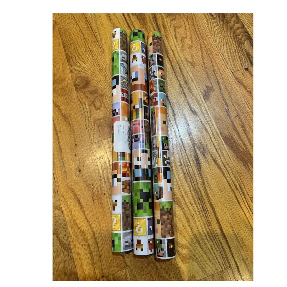 Minecraft Pixel Art Pattern Gift Wrapping Paper Rolls Lot of 3 Multicolor